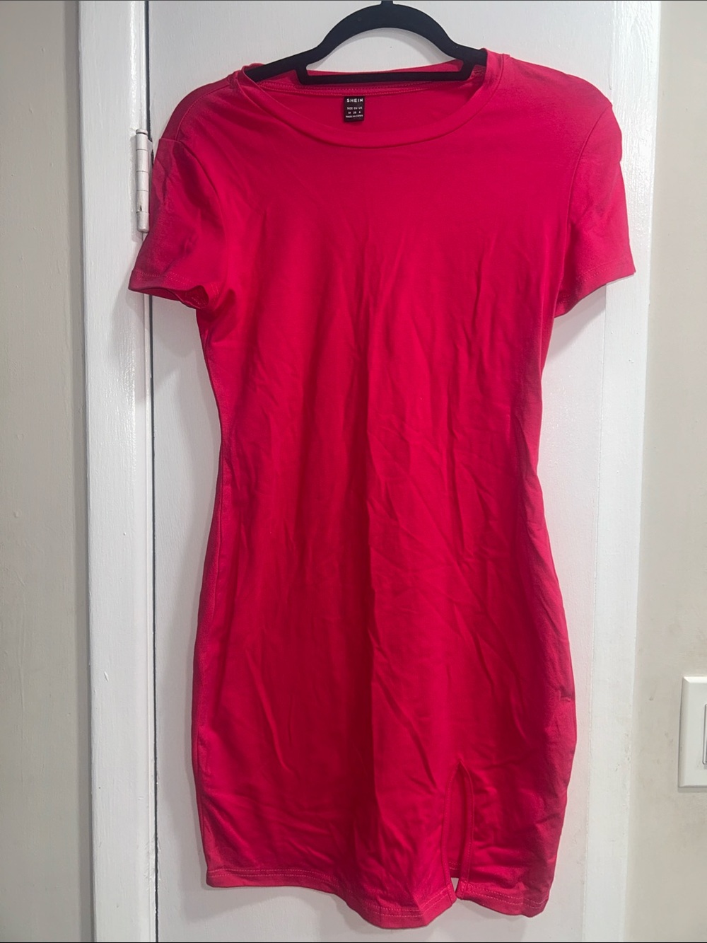 Bright Pink Short Sleeve Tee Mini Dress with Slit Medium